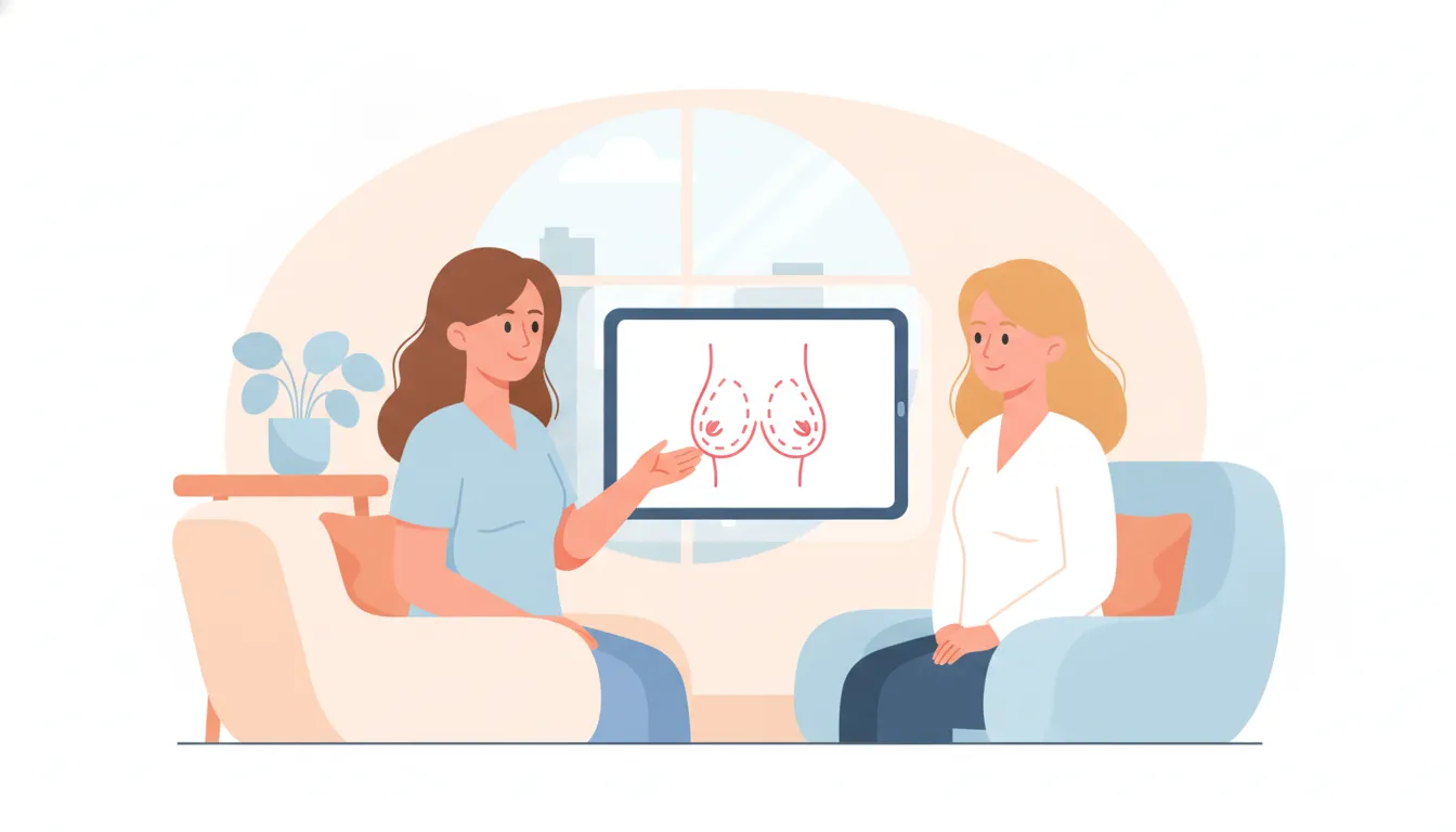 Surgeon discussing a breast reduction surgical plan with a patient during a consult