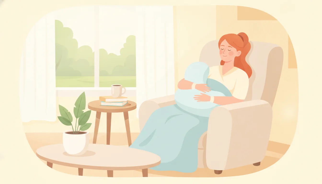 Woman resting comfortably at home during breast reduction recovery