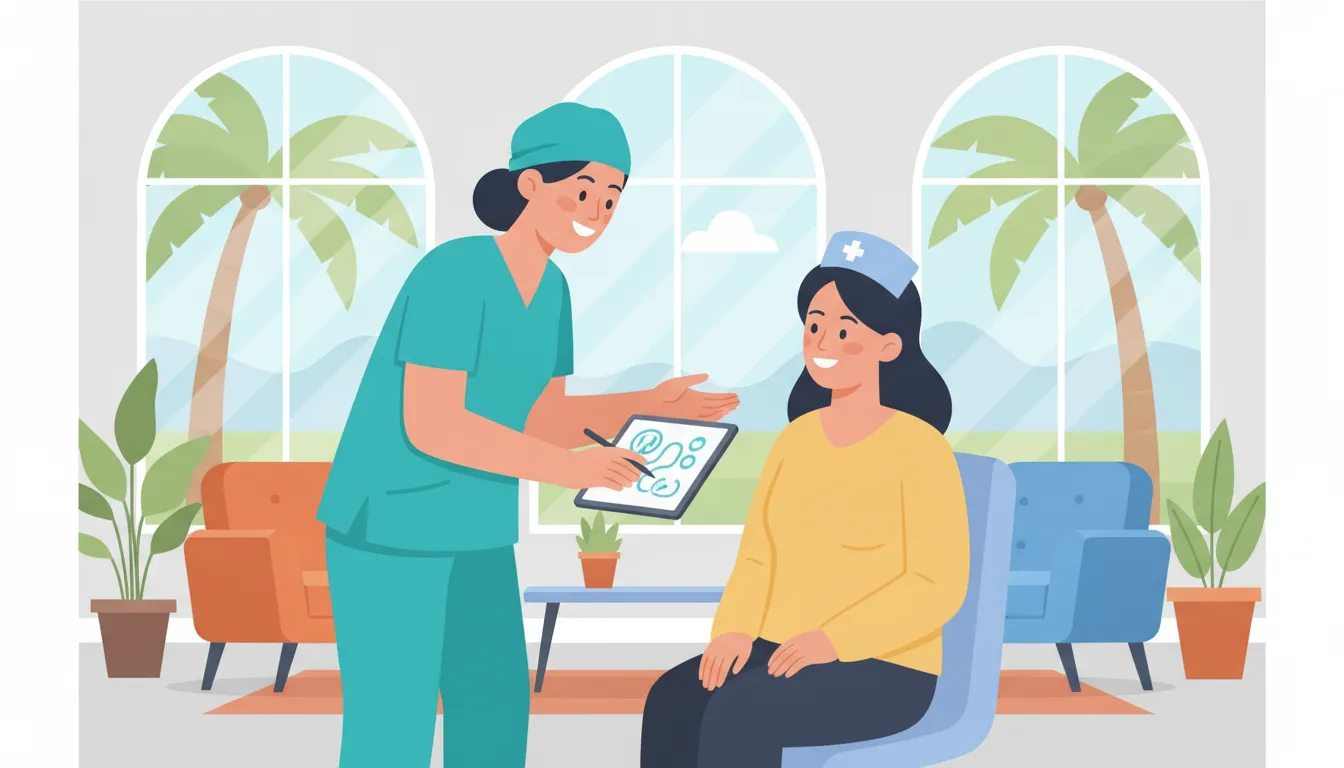 Female plastic surgeon and nurse reviewing a care plan with a smiling patient in a sunlit Bakersfield clinic
