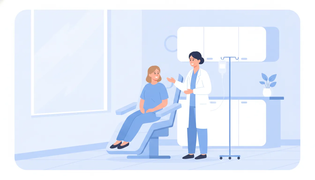 Accredited ambulatory surgery center with a calm patient and nurse in a bright preparation room