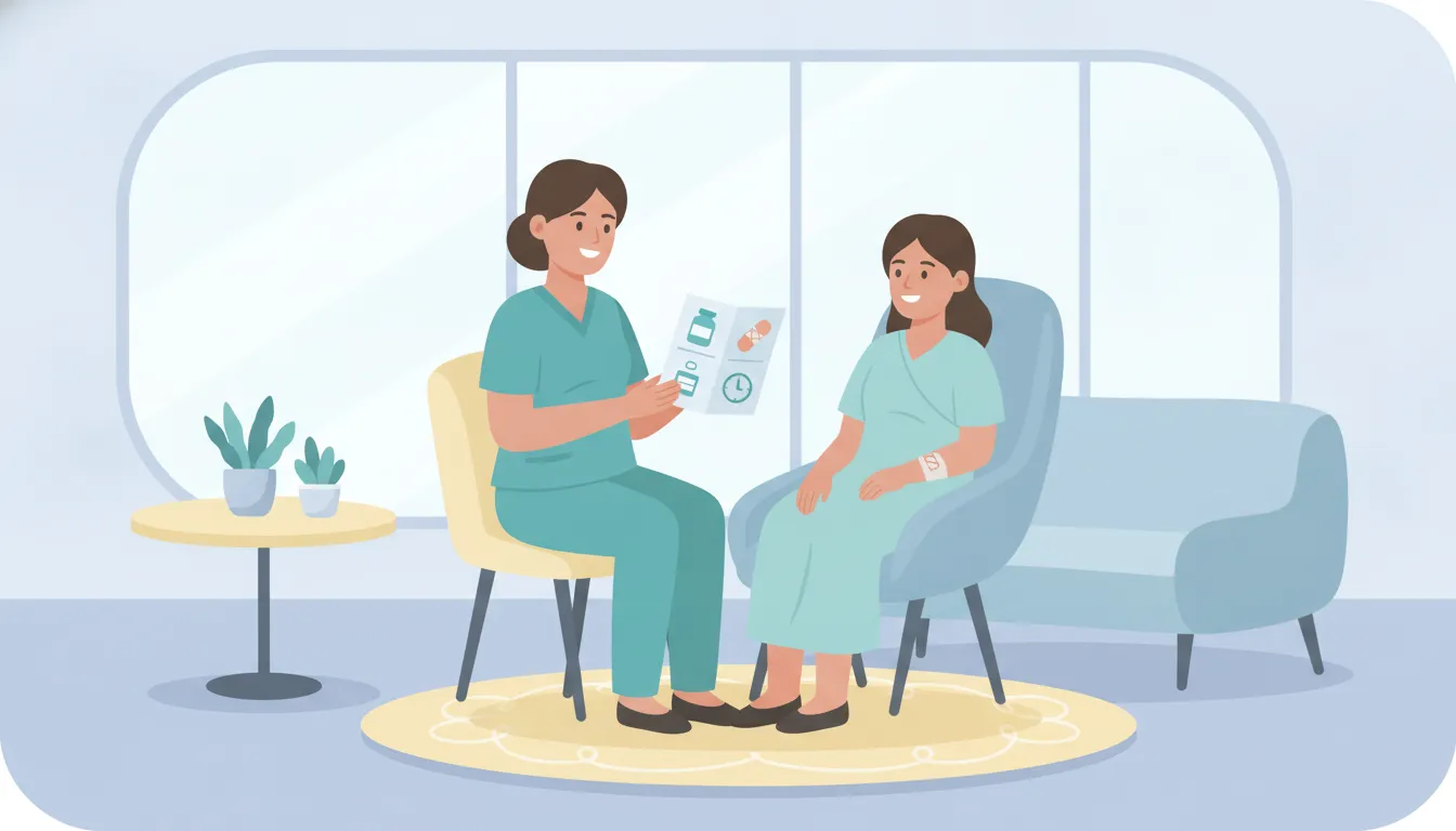 Supportive surgical nurse reviewing post-operative care instructions with a recovering patient
