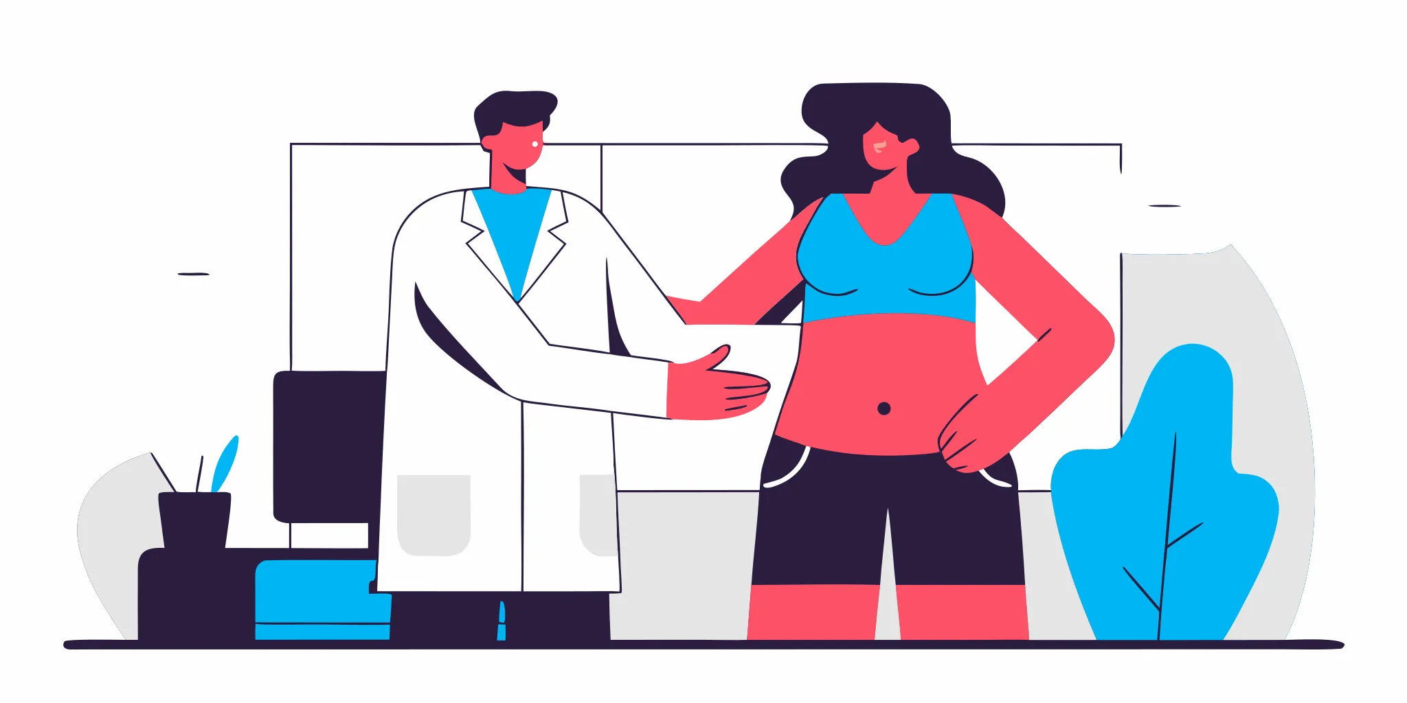 A plastic surgeon consulting with a patient about mini tummy tucks.