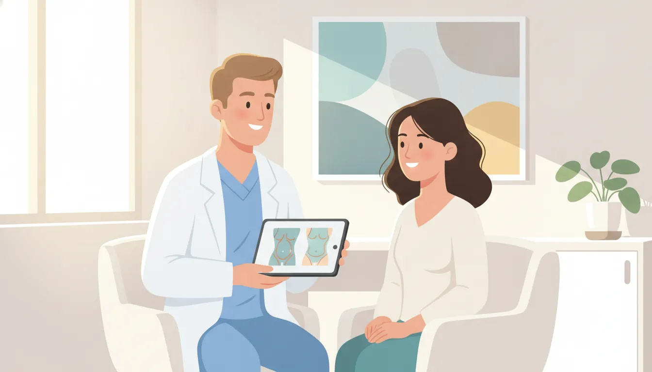 A plastic surgeon consulting a patient about body contouring treatment options in Bakersfield