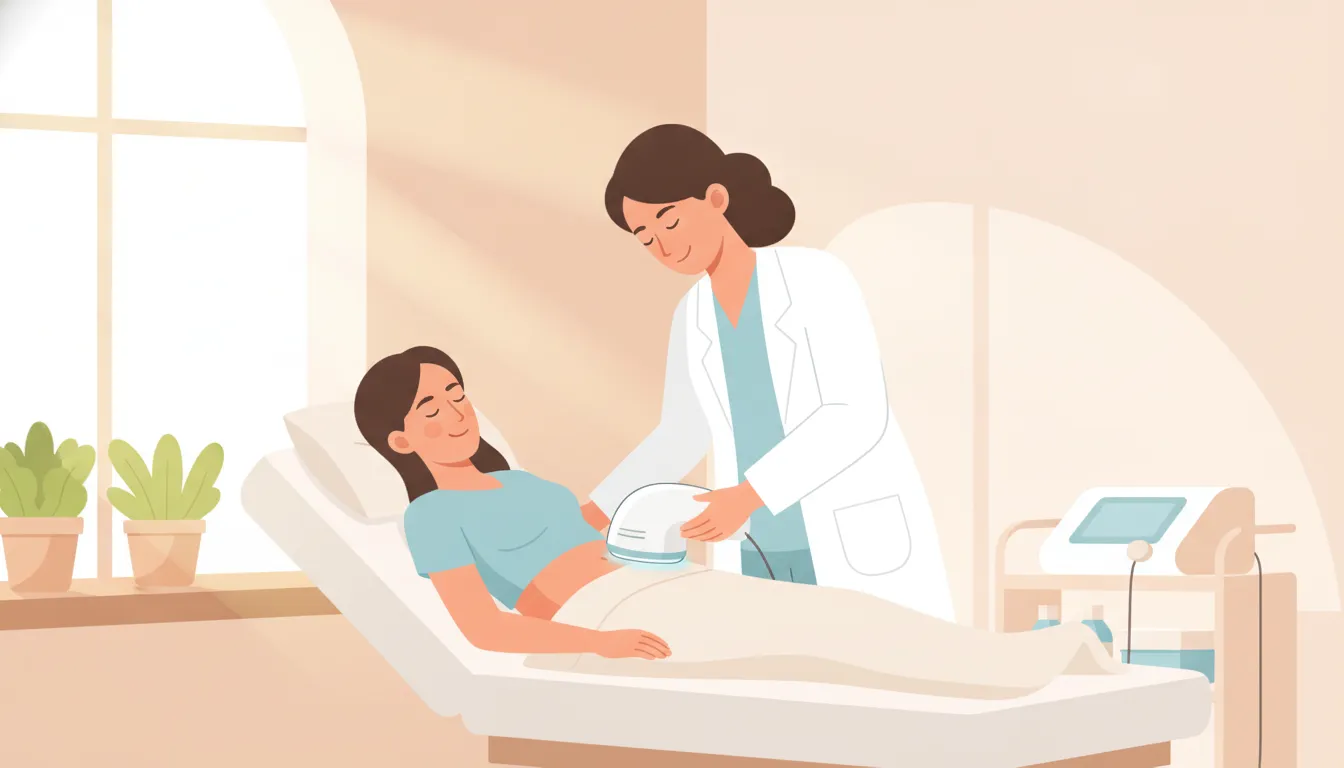 Patient receiving a CoolSculpting body contouring treatment in a private clinical room