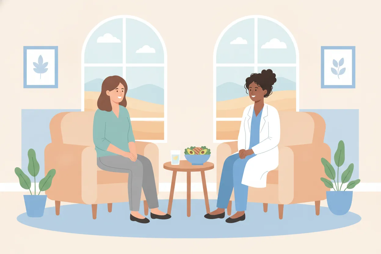 Patient discussing GLP-1 side effect support with a healthcare professional in a clinic