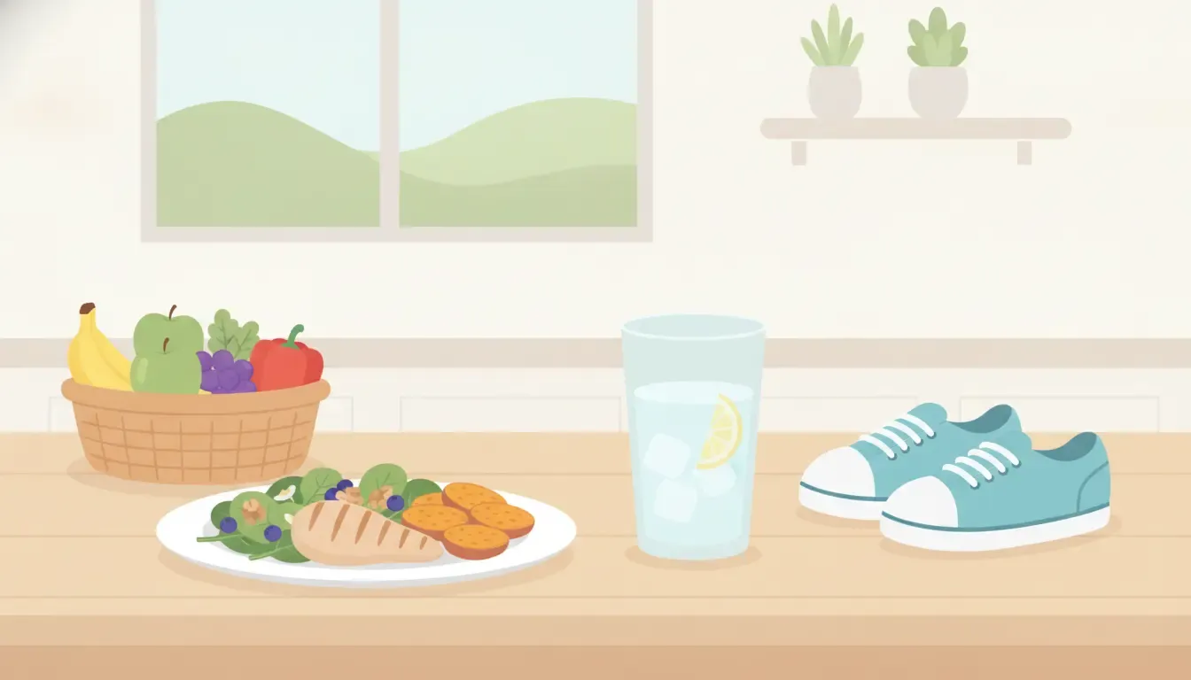 Healthy meal, water, and walking shoes supporting a GLP-1 plan
