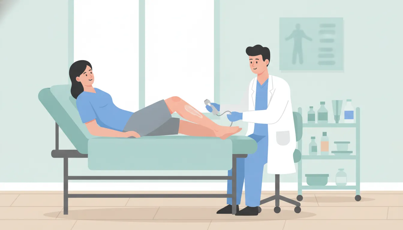 Illustration of a provider evaluating visible leg veins before treatment