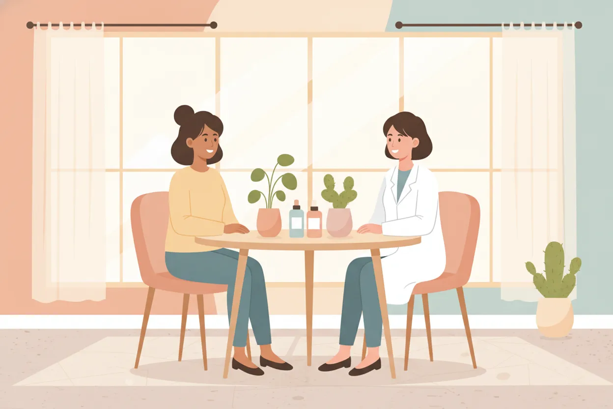 Patient discussing skincare options with a provider in a bright clinic