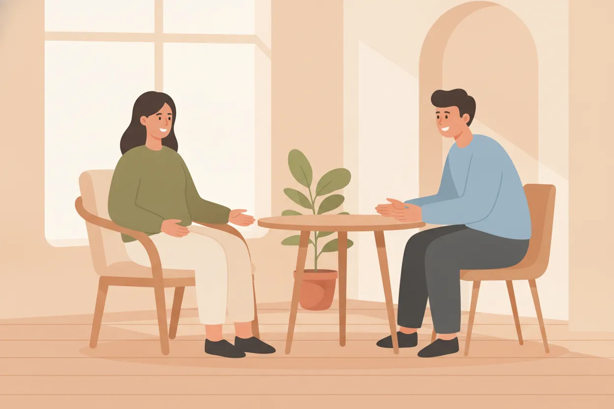 A patient and clinician talk through a breast augmentation recovery plan in a bright consultation room