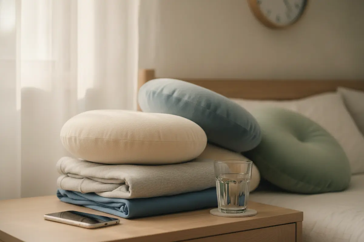 A calm home setup with pillows and essentials for recovery after breast augmentation