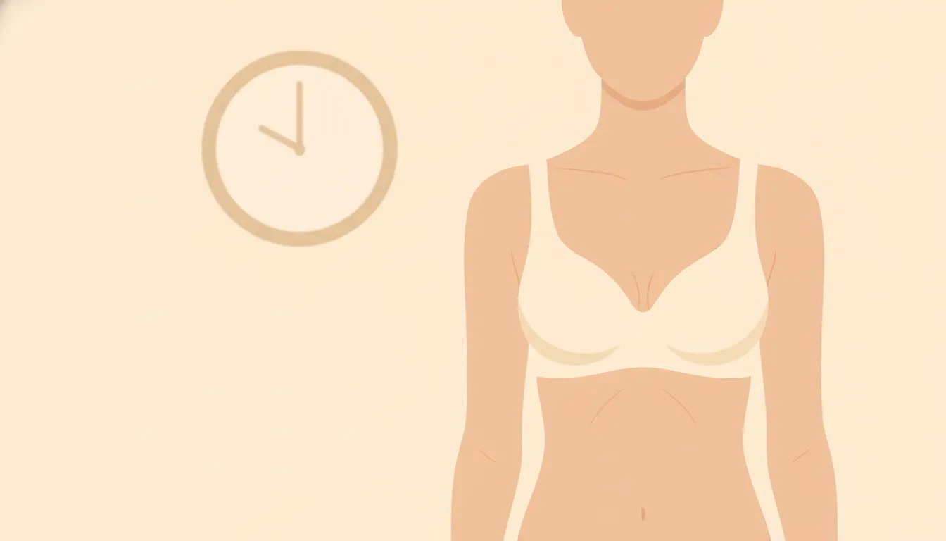 Editorial illustration of an adult woman in a cream bra, with a blank clock suggesting how results change over time