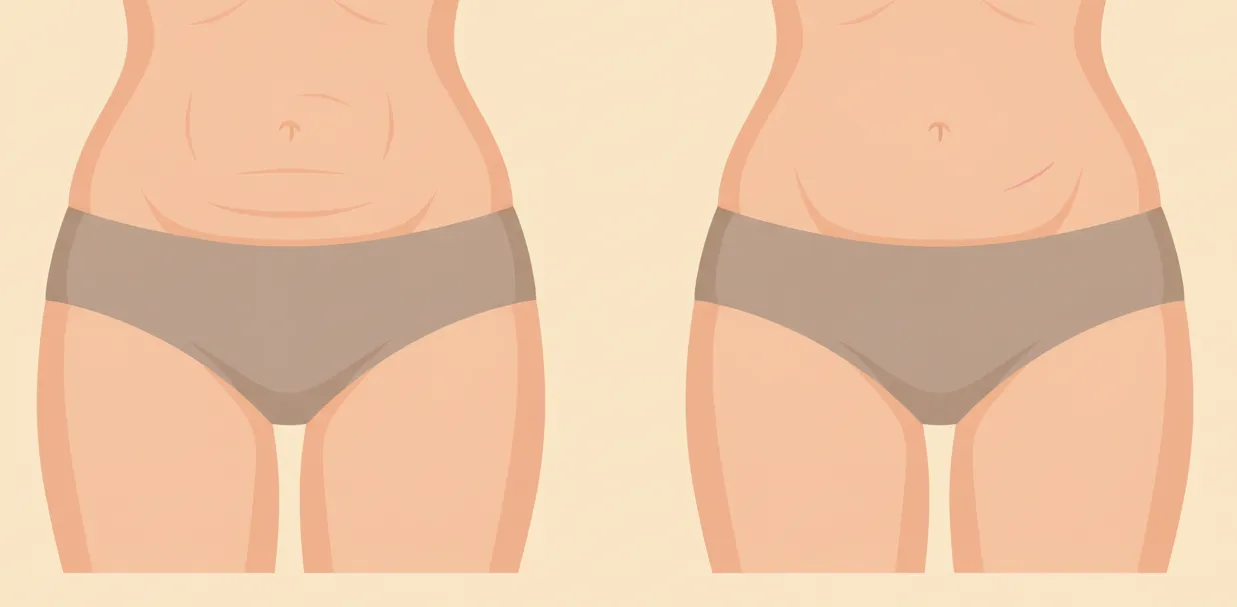 Illustration of two matching female torsos, with loose lower-abdominal skin folding over the waistband on the left and a smoother softly rounded contour with a faint low scar on the right