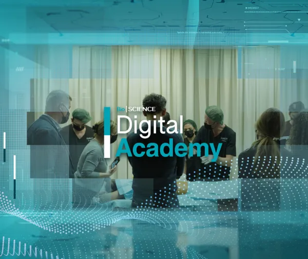 BioScience Digital Academy graphic featuring a professional training session.