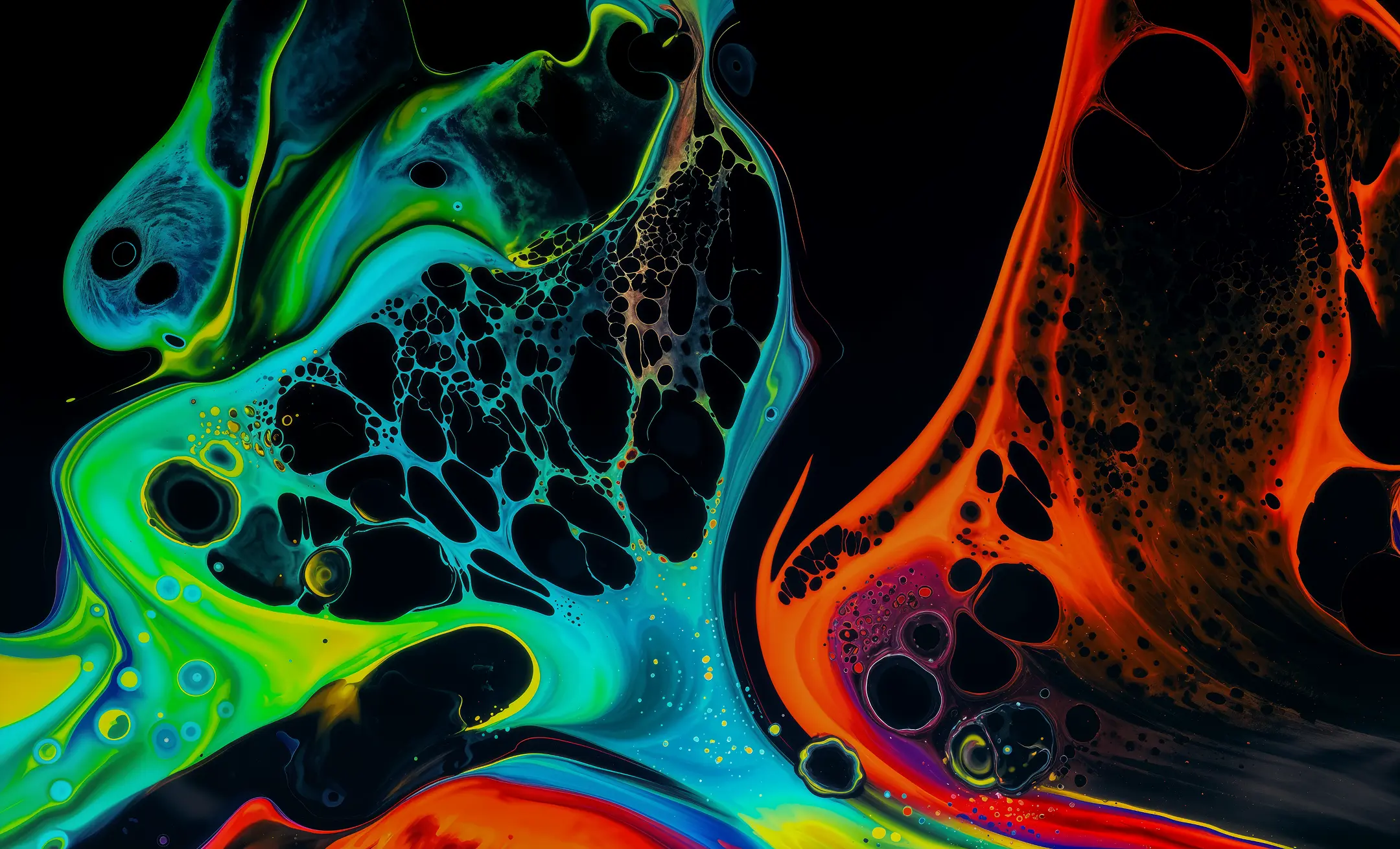 Abstract colourful fluid artwork in green, blue and orange