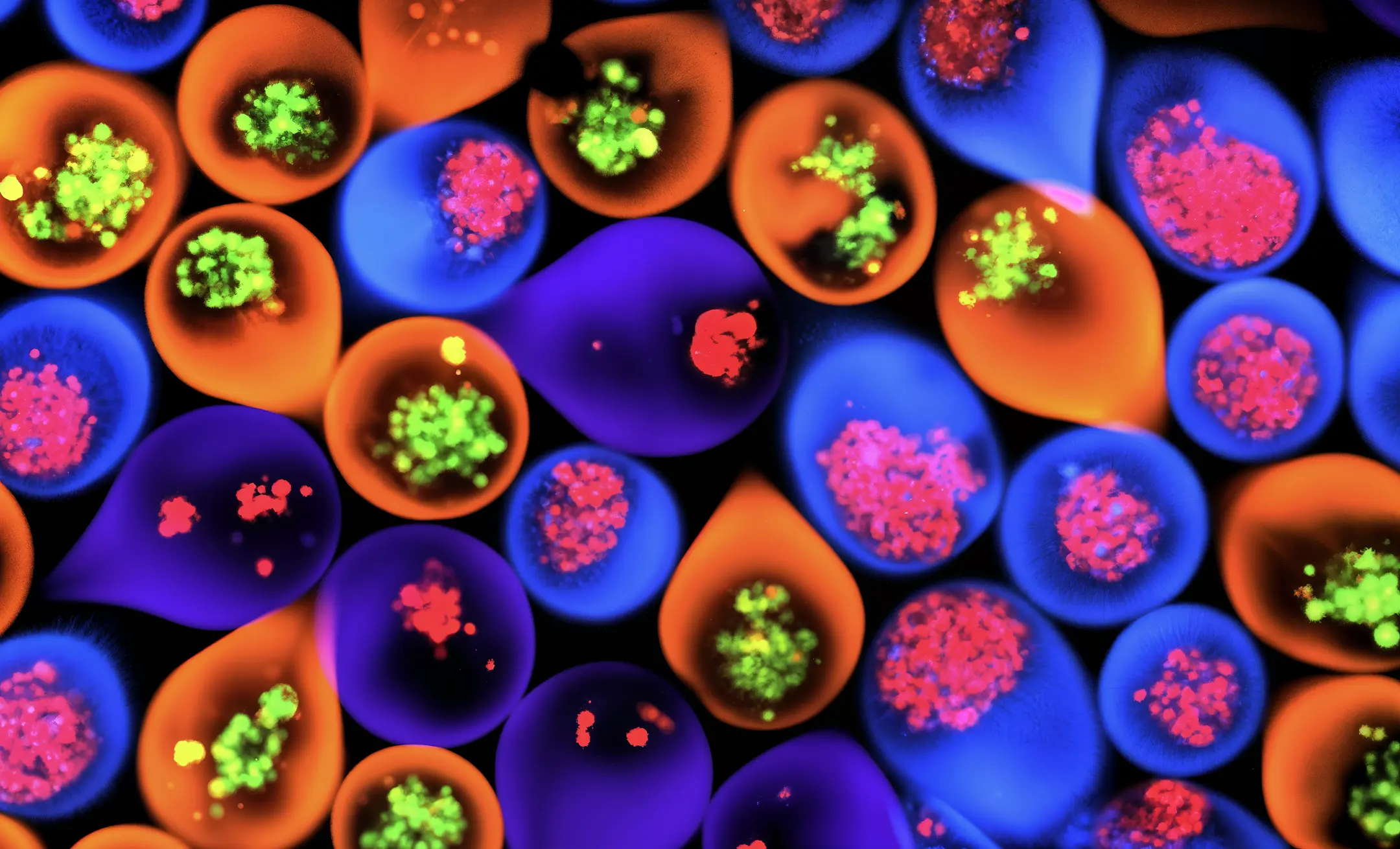 Microtissues in colour-coded droplets with green and pink fluorescent cell clusters