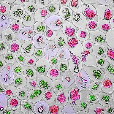 Encapsulated microtissues with green and pink fluorescently labelled cells