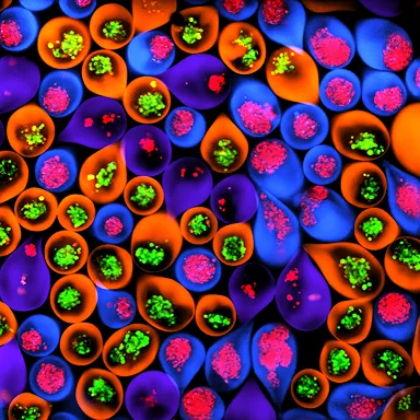 Microtissues in colour-coded orange, blue and purple droplets with green and pink fluorescent clusters