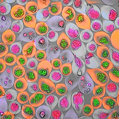 Microtissues in orange-outlined droplets with green and pink fluorescent cell clusters