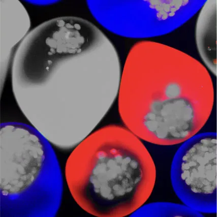 Microtissues encapsulated in red and blue colour-coded droplets