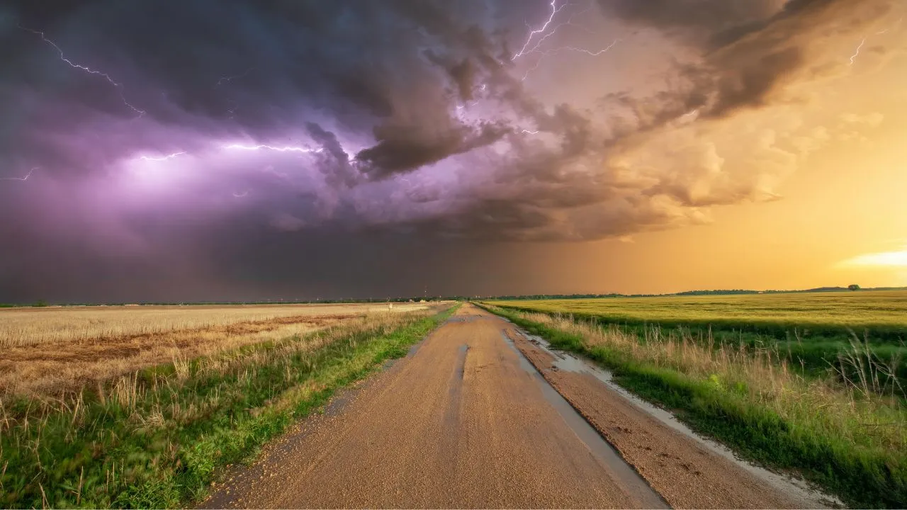 highway in Oklahoma with thunderstorm