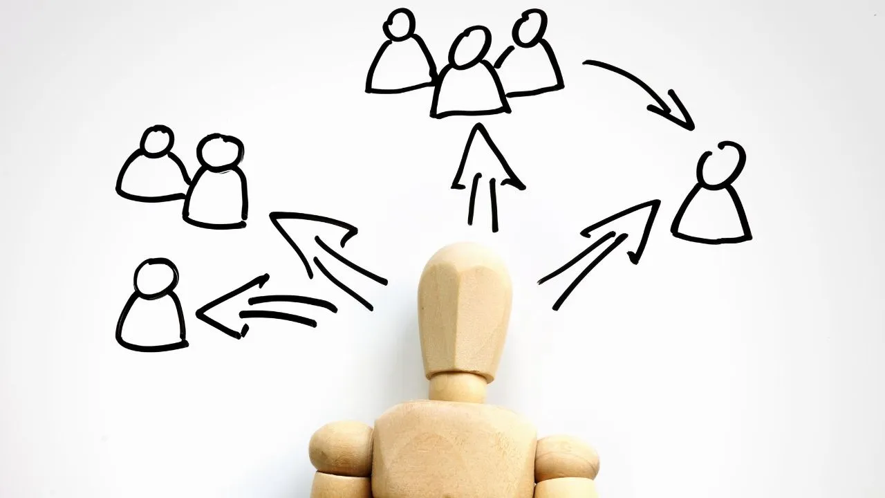 wooden figurine with delegation paths drawn above head