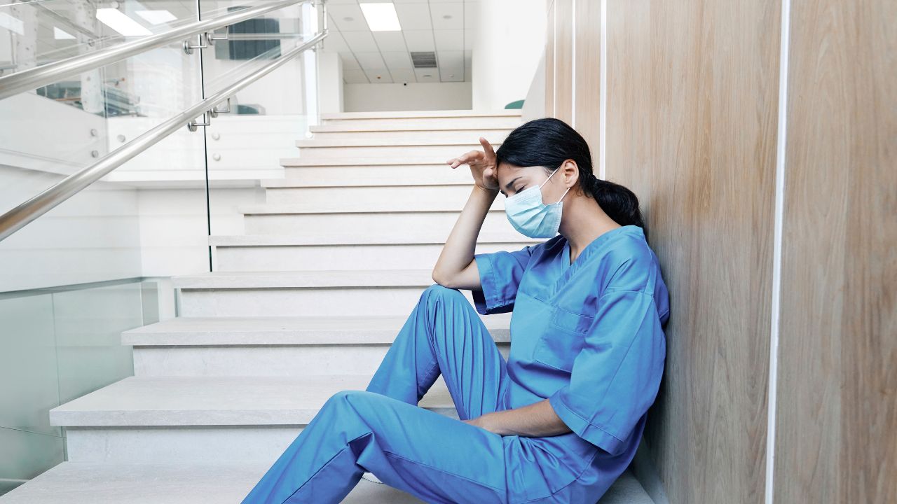 nurse is reflecting on stairs