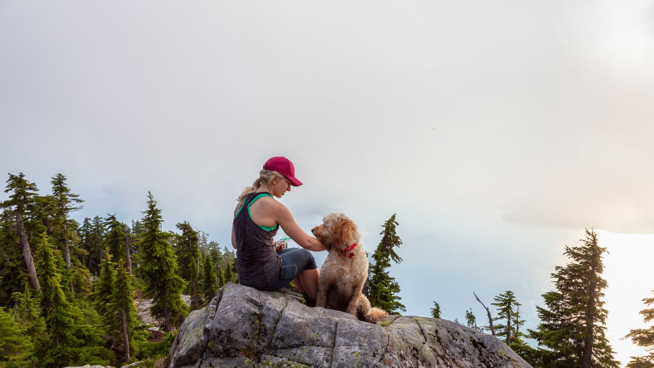a girl with her dog at the outdoors