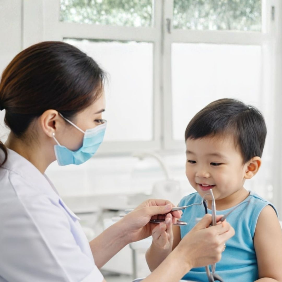 Nurse examining a young child in a clinical setting