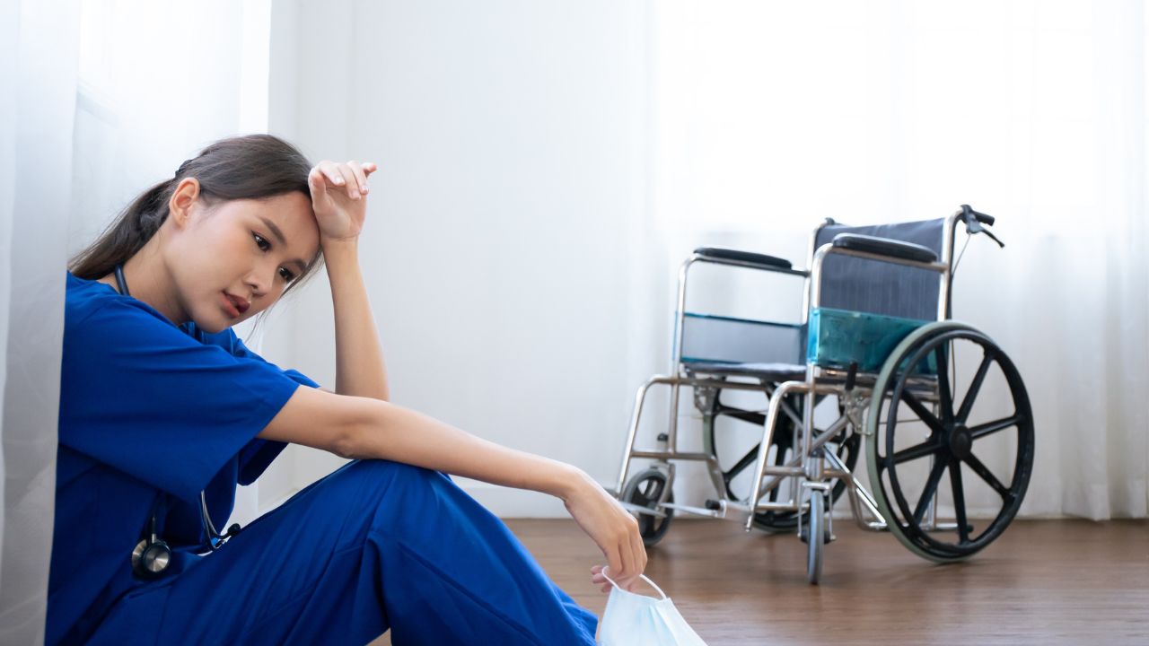 a nurse with fatigue, thinking