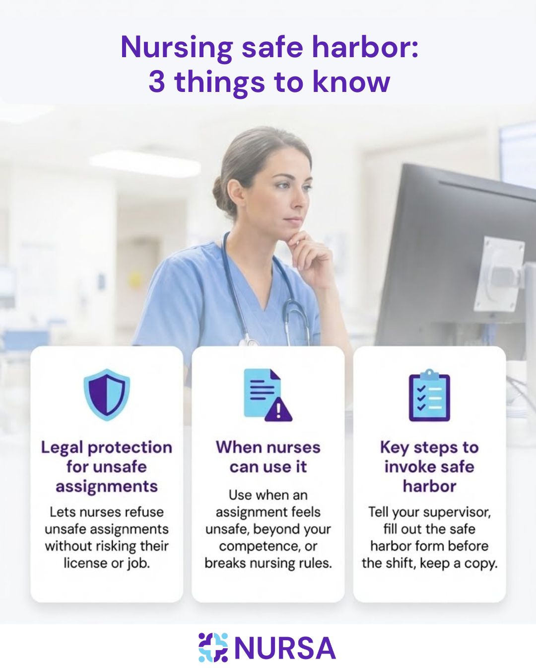 Infographic about things nurses should know about safe harbor in nursing