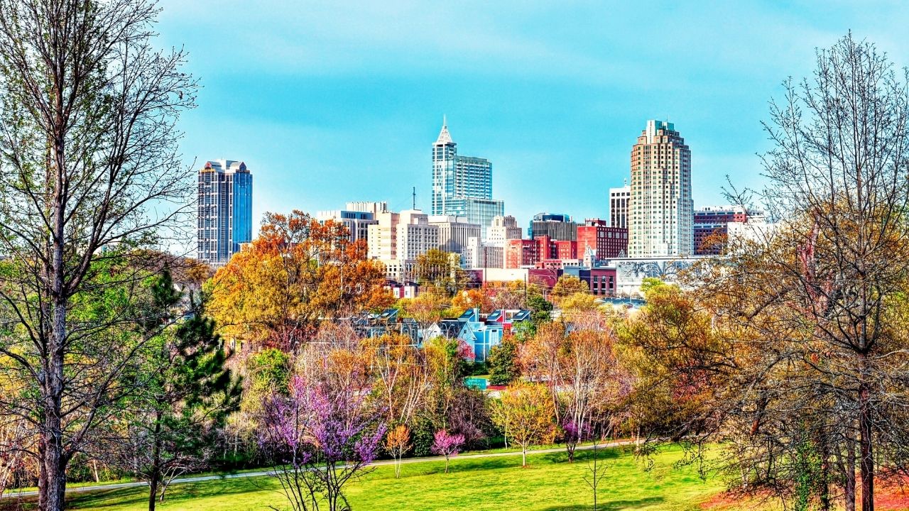 View of the city from a park during fall