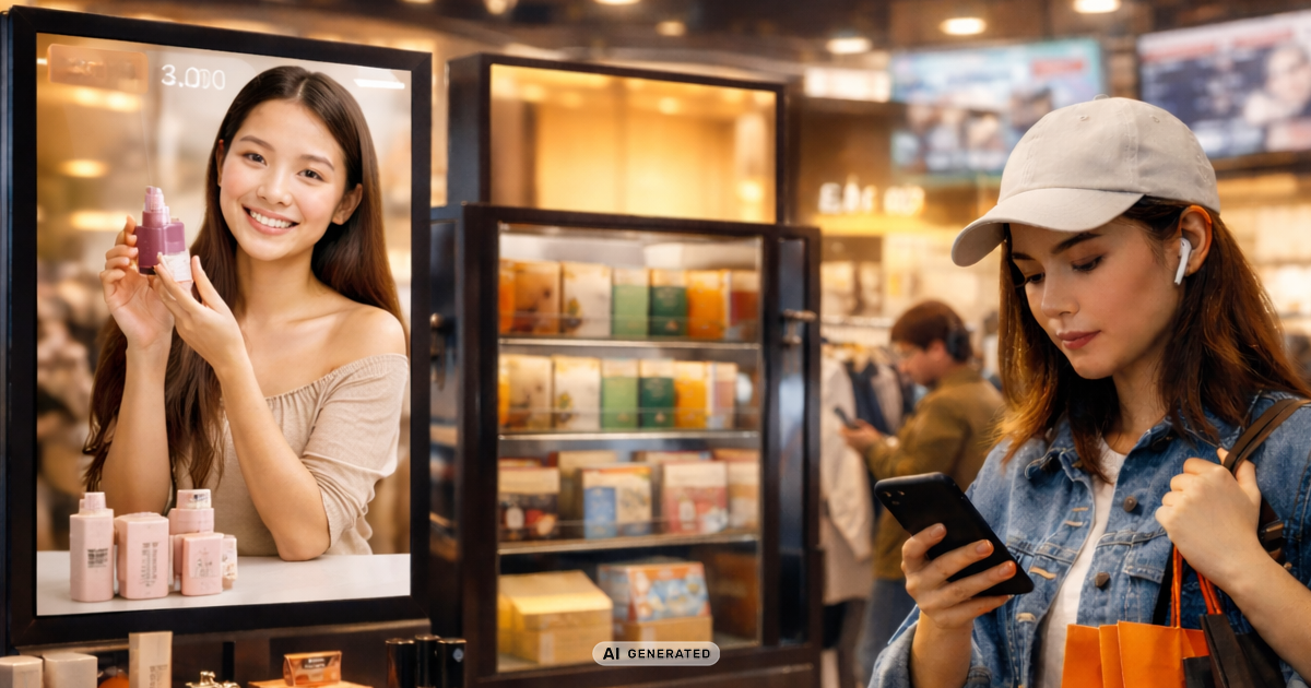 Modern retail flagship store with digital screens and shoppers browsing, representing retail trends 2026.