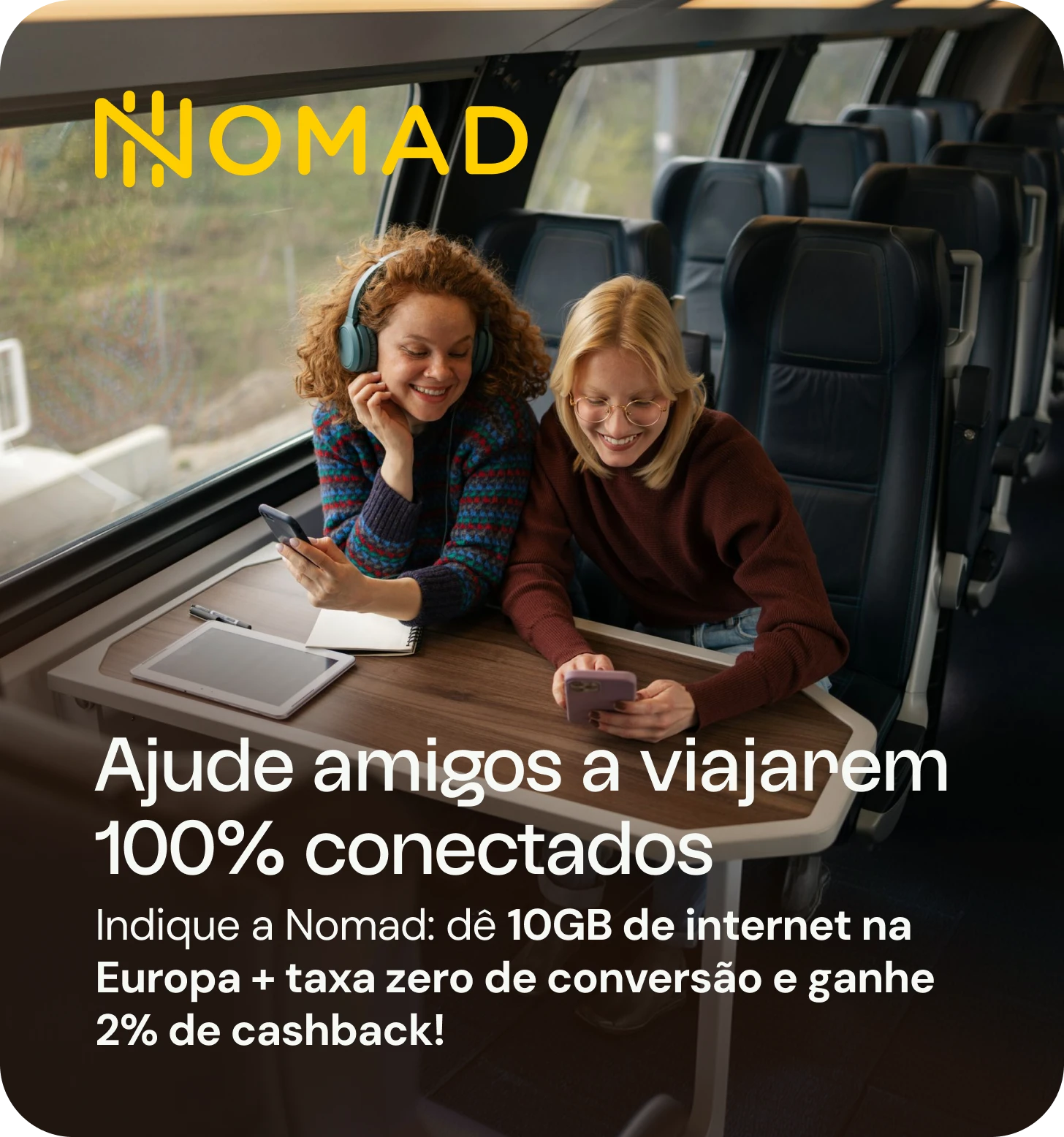 Amigas usando celular sentadas em um vagão de trem