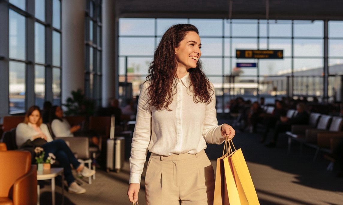 Mulher sorrindo com sacolas de compras em um aeroporto