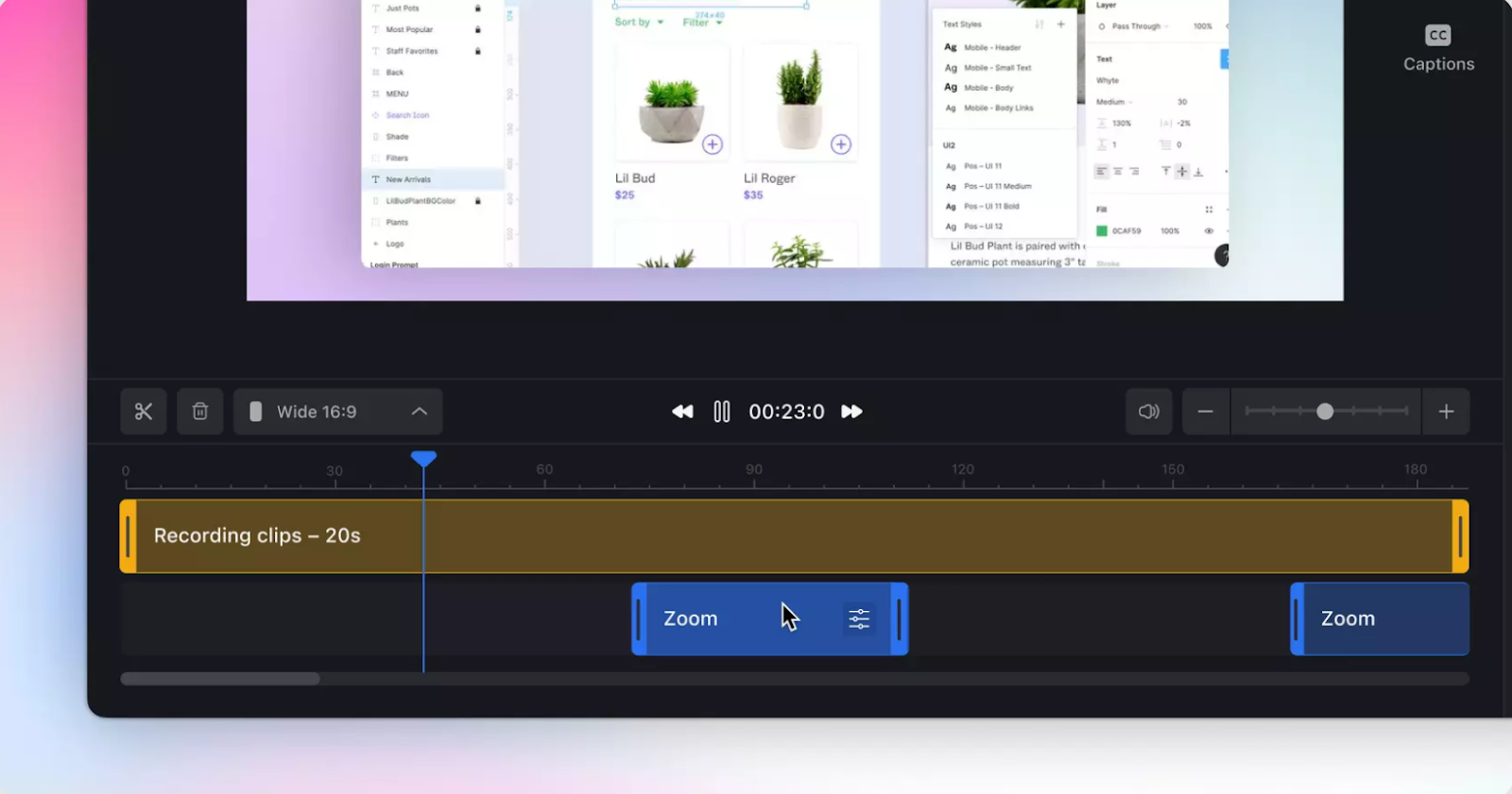 Generated zooms on the timeline as blue bars in Screen Story Screen Recording interface