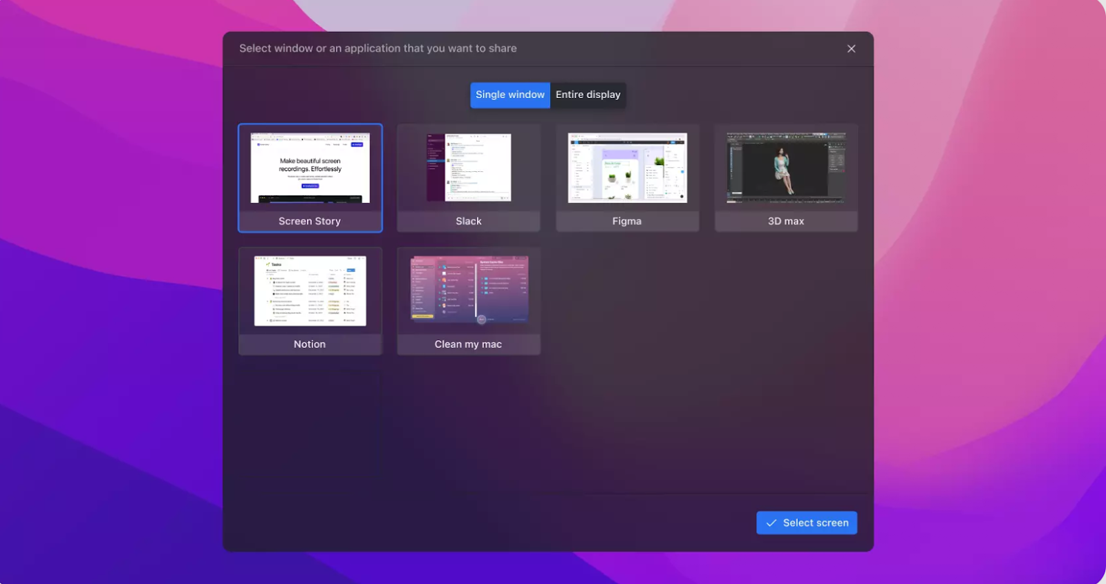 Selecting Window for Screen Recording