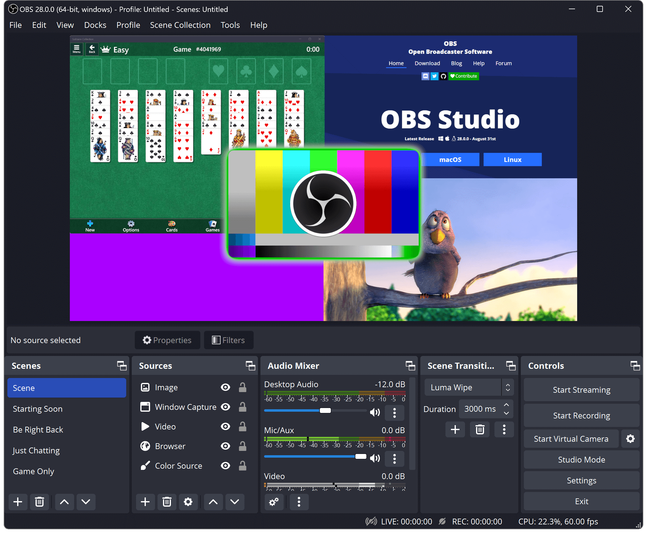 OBS Studio interface with logo