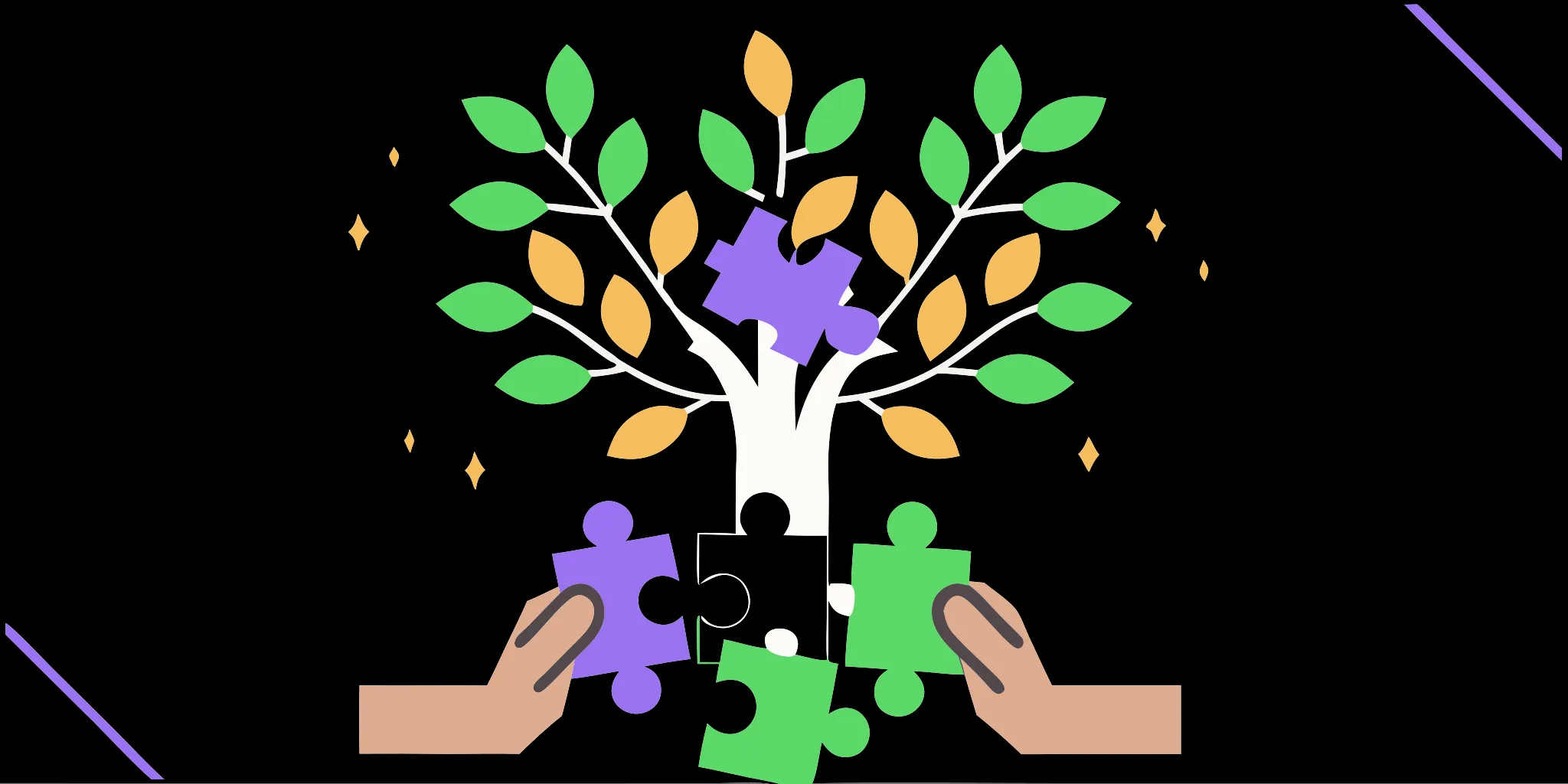Fundraising puzzle pieces unite near a thriving tree.