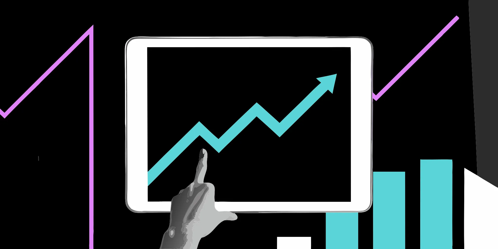 Hand pointing to an upward trending graph on a tablet showing nonprofit fundraising software results.