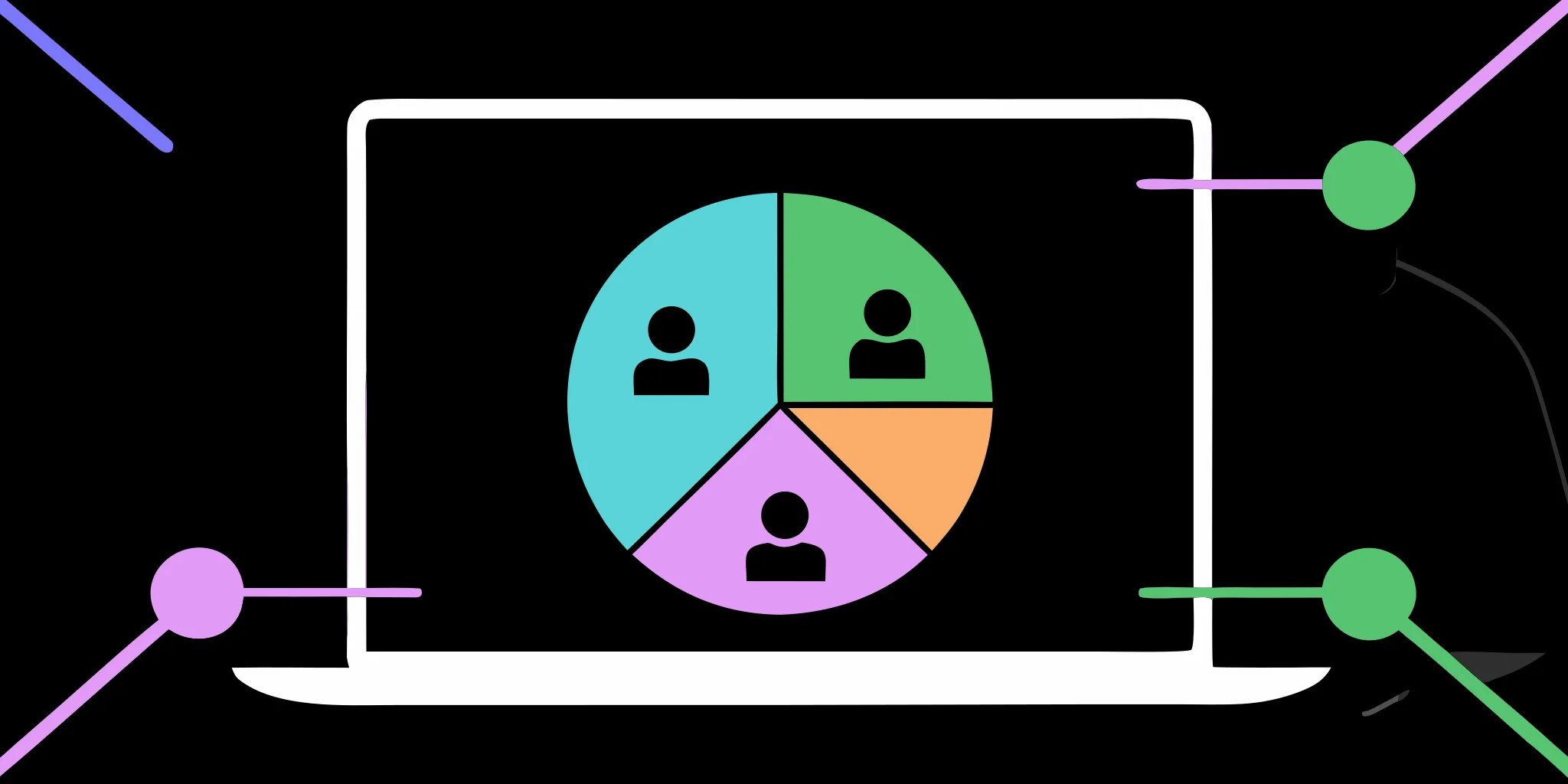 A laptop screen displays a segmented pie chart from the best donor segmentation software for nonprofits.