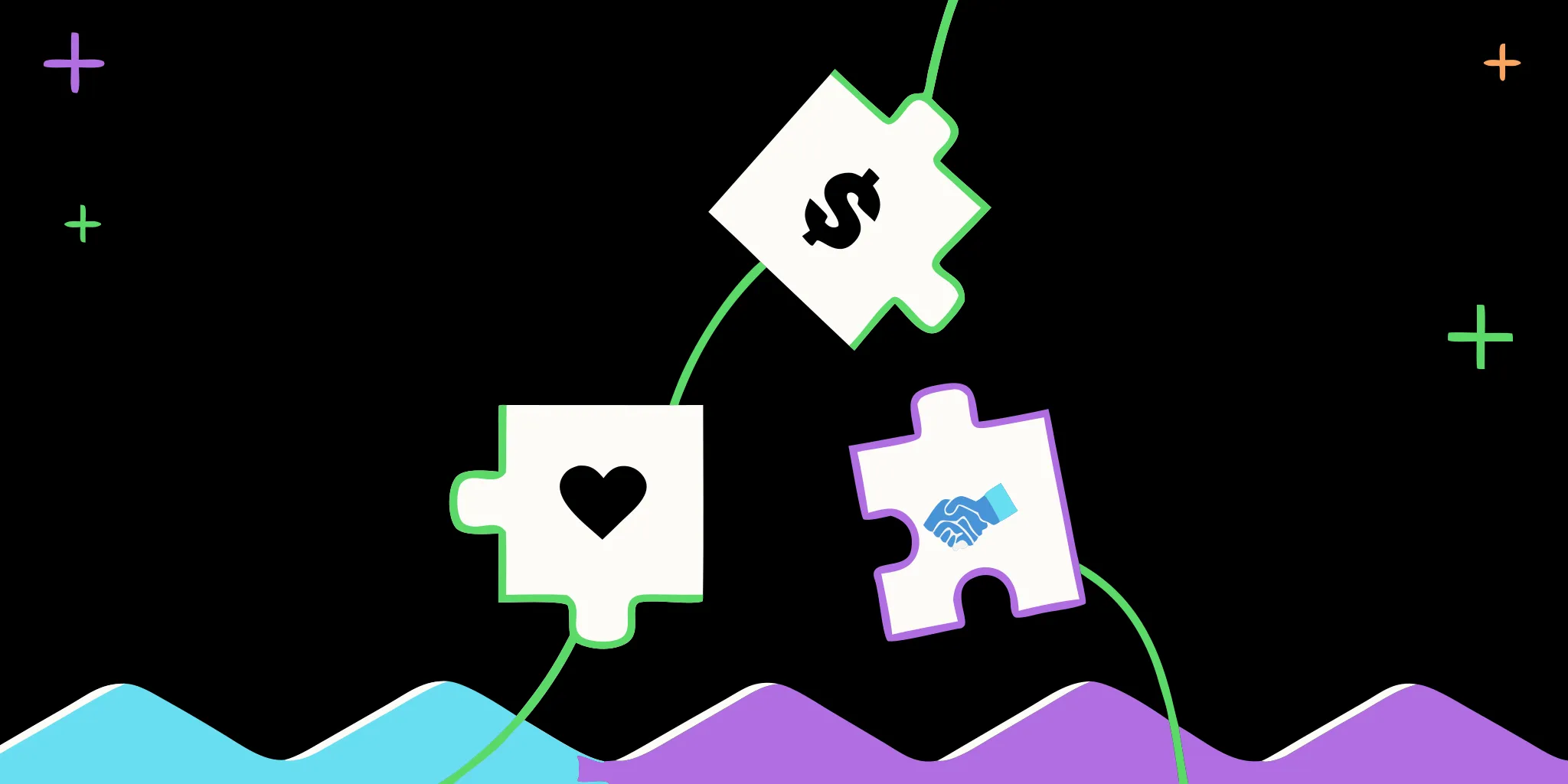 P2P fundraising software comparison with puzzle pieces of a heart, dollar sign, and handshake.