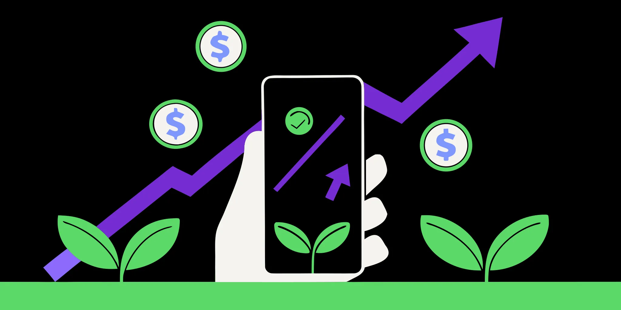 Hand holding a smartphone with coins and leaves, showing how tools convert social media followers to donors.