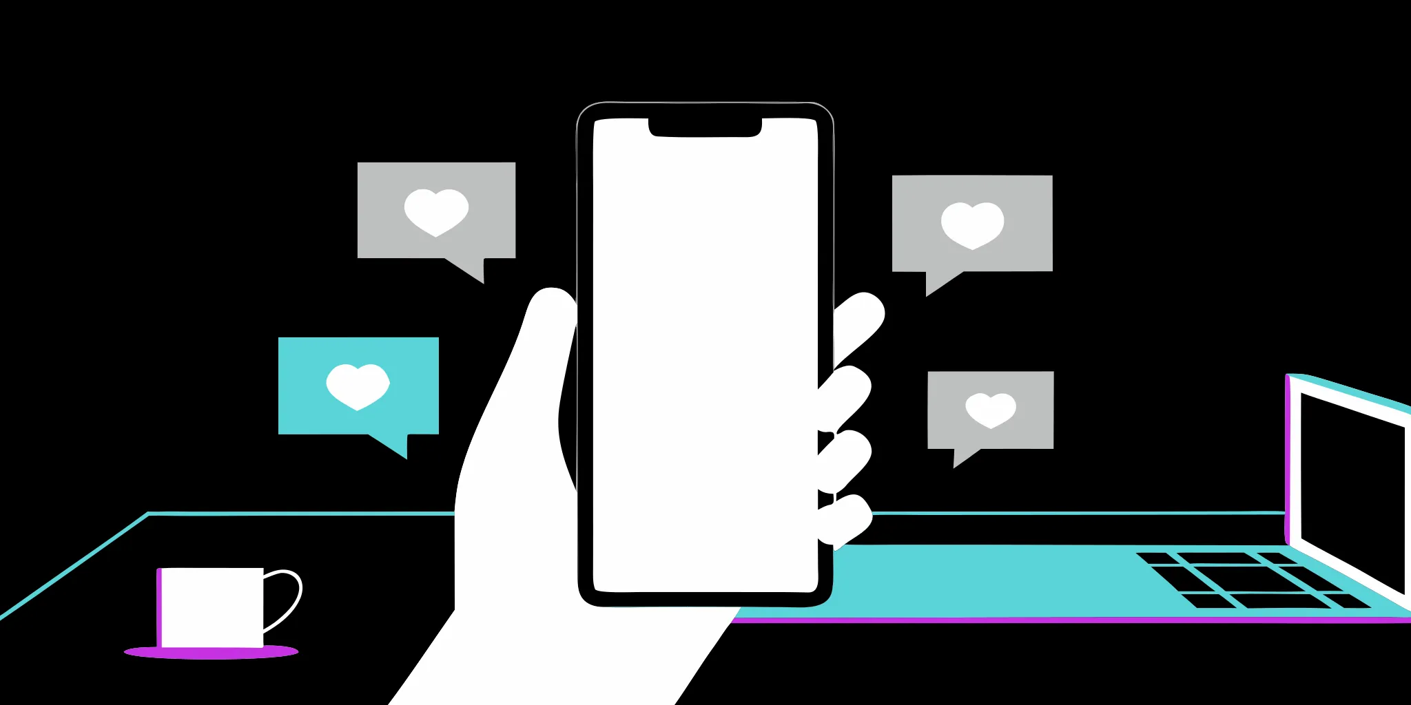 A person's hand holding a phone showing social direct messaging notifications and heart icons from supporters.