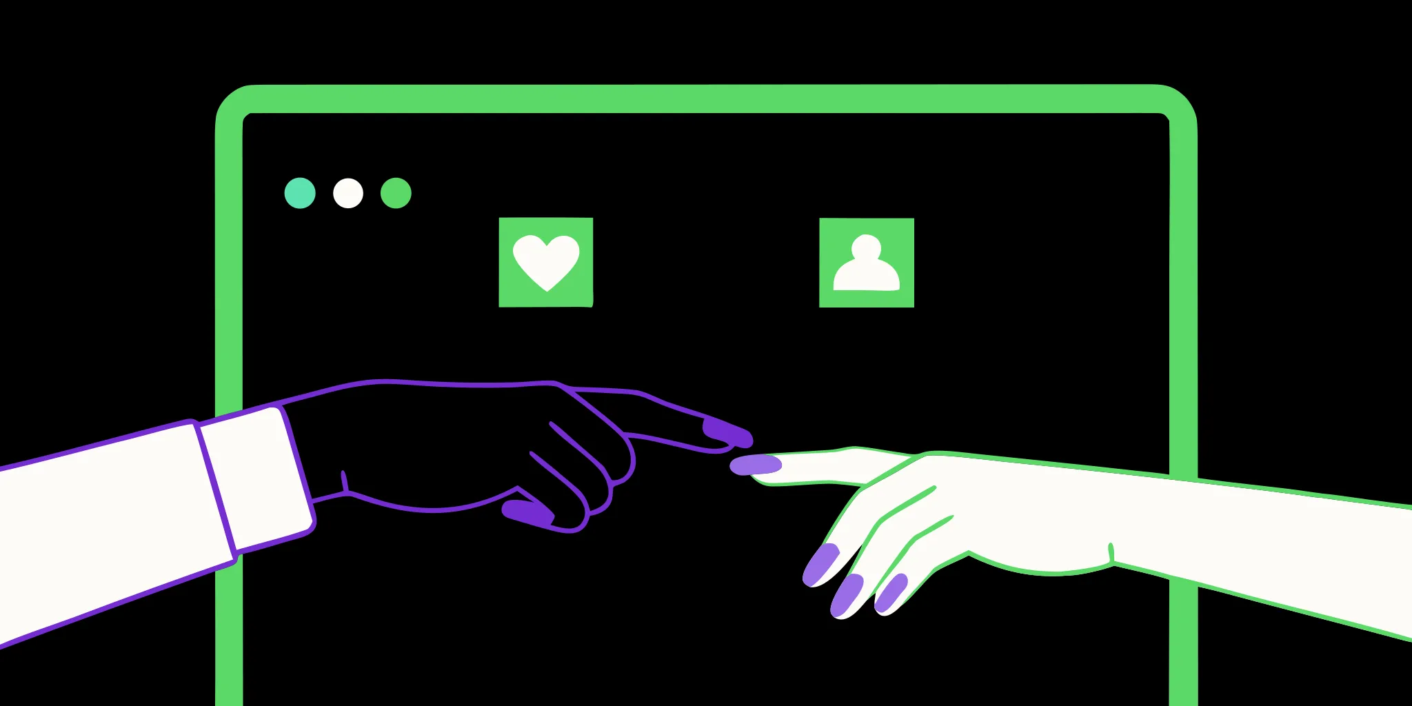 Hands connecting on a Messenger screen to build donor engagement.