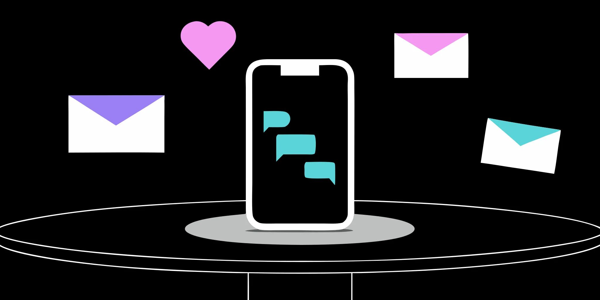 A phone showing examples of personalized donor messaging with chat bubbles, mail, and a heart icon.