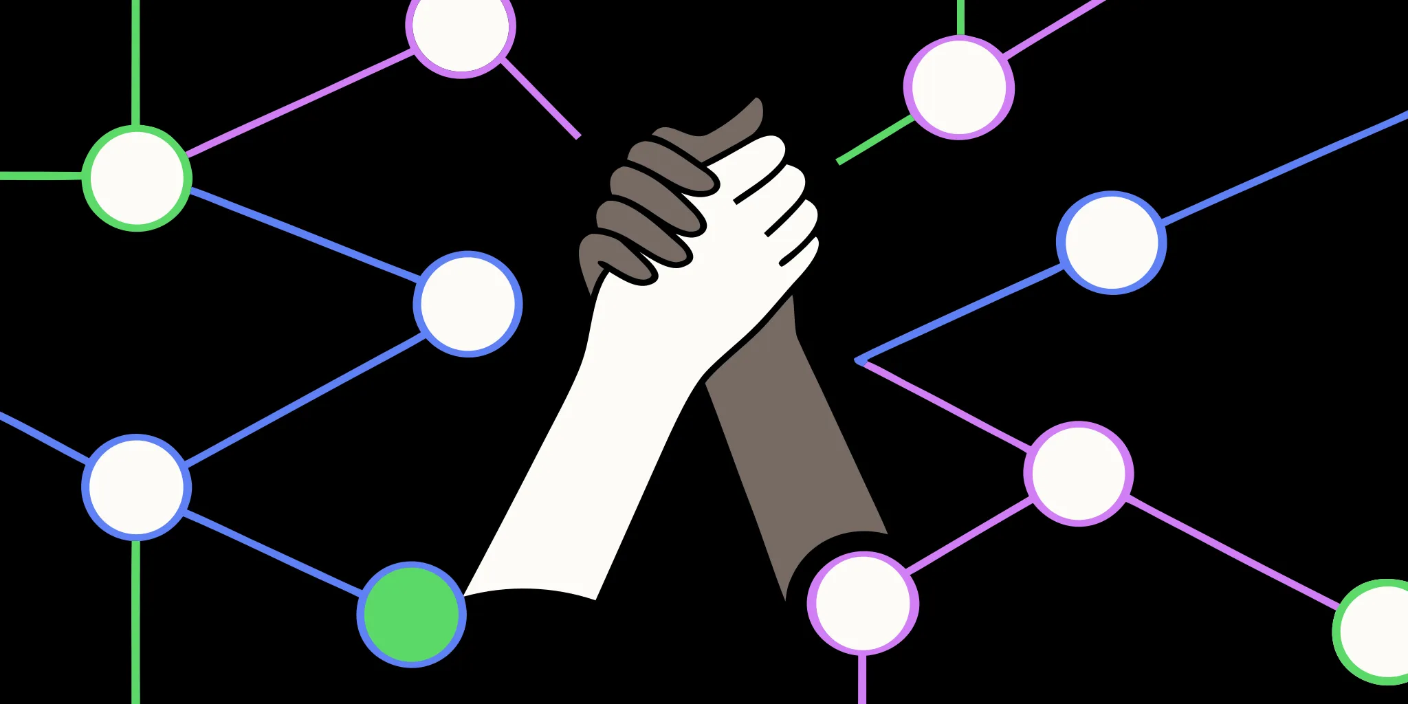 Clasped hands over a network of connections for nonprofit supporter engagement.