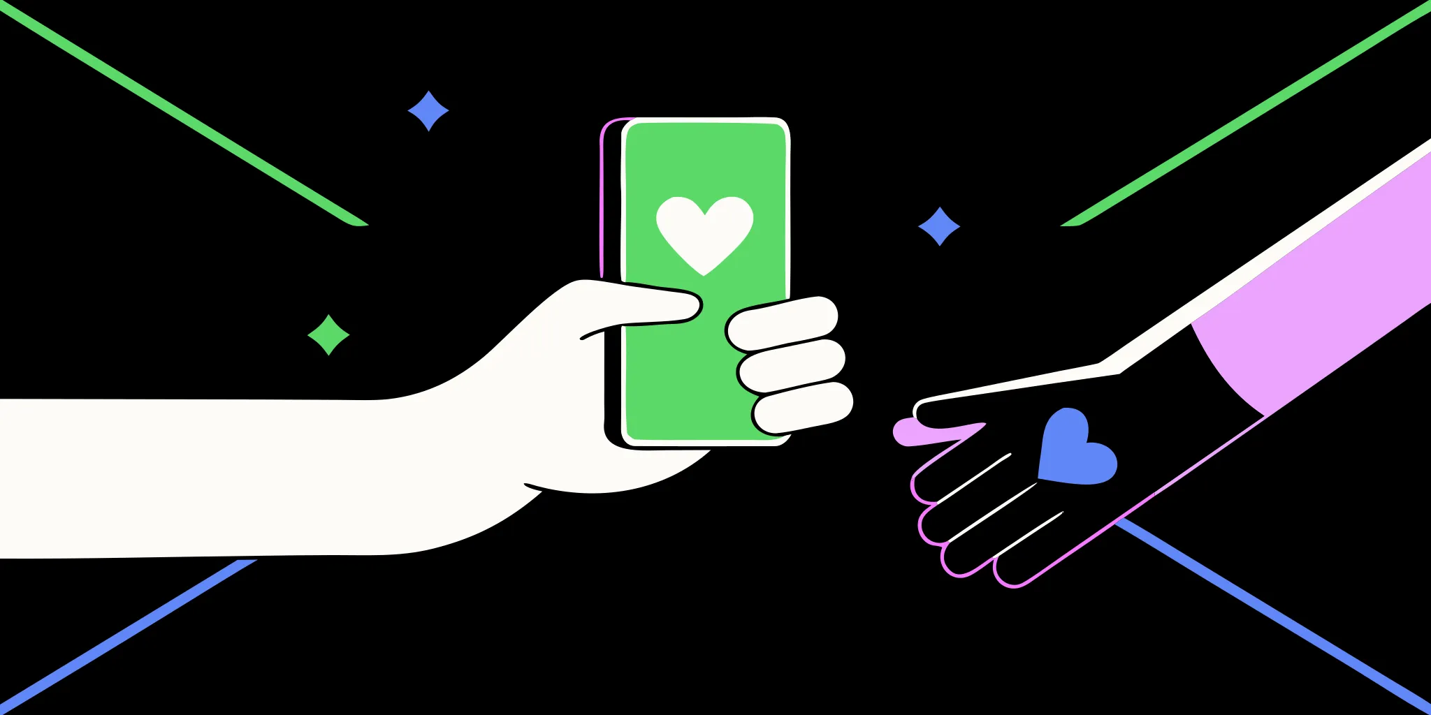 Hands exchange a smartphone with a heart icon, a modern approach to personalized donor outreach.