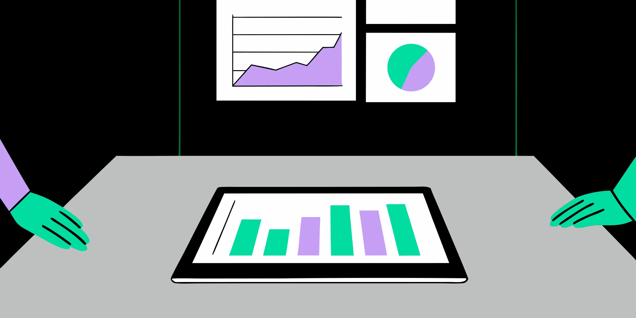 A person analyzing nonprofit impact reporting data on a tablet, with charts on the wall.