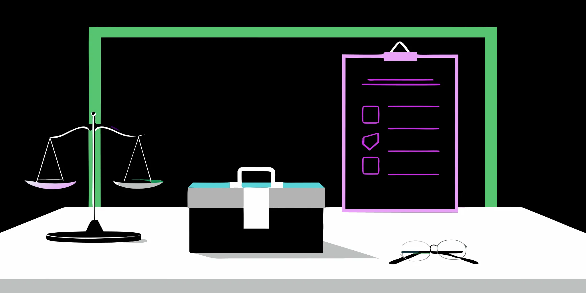 Scales of justice, a checklist, and a briefcase on a desk for a gift acceptance policy.