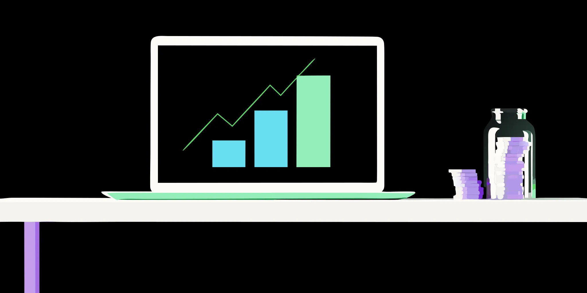 Laptop with a rising graph and stacks of coins showing a good fundraising efficiency ratio.